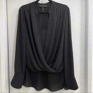 BCBGMAXAZRIA Black Long Sleeve Blouse Wrap Front Top XXS Elegant Career‎